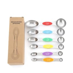 A stainless steel double-ended measuring spoon set in various colours, packaged in a cardboard box.