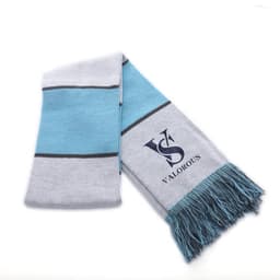 Acrylic fan scarf in grey and turquoise, featuring blue fringes and a logo on one side.
