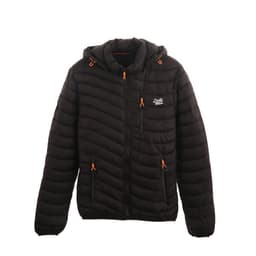 Men's black quilted puffer jacket with a detachable hood and orange zipper details. Features multiple front pockets and a logo.