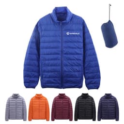 A men's packable light stand collar down jacket in blue, featuring multiple colour options and a carry pouch.