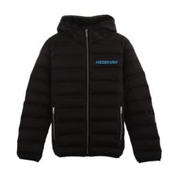 A black women's light down jacket with a hood, featuring a front zipper and side pockets. It has a logo on the chest.