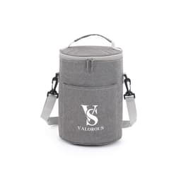 A grey insulated round portable bento bag with a shoulder strap and a front pocket, featuring a logo.