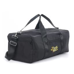 A black duffel bag with a shoulder strap, featuring zippered pockets and a logo.