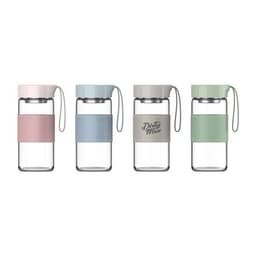 A drink bottle set featuring four borosilicate glass options in pastel pink, blue, green, and grey with protective sleeves and lids.
