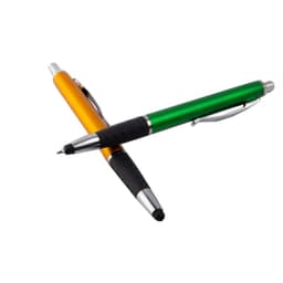 A green and gold 2-in-1 touch screen writing pen with a black grip, featuring a logo on the barrel.