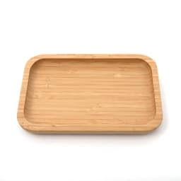 A rectangular bamboo tray featuring a natural wood finish and rounded edges. It has a simple design and a branded logo.