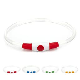 A rechargeable glowing pet collar, featuring a translucent design with red accents and multiple colour options displayed below.