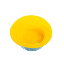 A reversible travel bucket hat in bright yellow and blue, featuring a simple design and a branded logo.