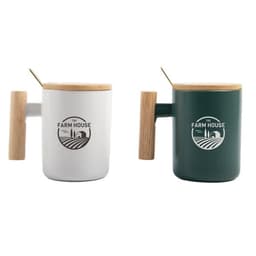 A ceramic mug set featuring a wood handle, one white and one green, each with a logo and a bamboo lid.