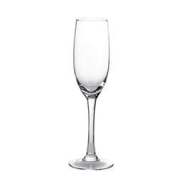 A clear glass champagne flute with a slender stem and wide bowl, suitable for serving sparkling beverages.