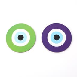 Two round cork drink coasters in green and purple with concentric circles of light blue, white, and black. Each coaster features a logo.
