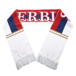 A red, white, and blue scarf featuring tassels, with a branding logo and striped patterns.