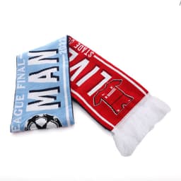 A custom knitted fan scarf featuring blue and red sections with a logo, designed for sports enthusiasts.