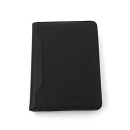 A black portable zippered padfolio with a textured finish and a logo on the front.