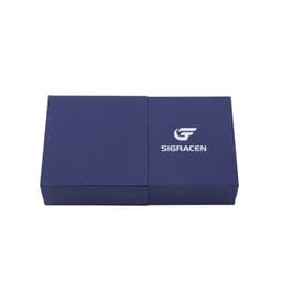 A navy blue jewellery gift packaging box with a logo on the front. The box has a minimalist design and opens flat.