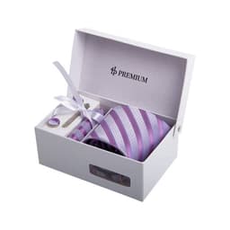 A gift box containing a purple striped tie, a matching pocket square, and a tie clip, with a logo on the inside.