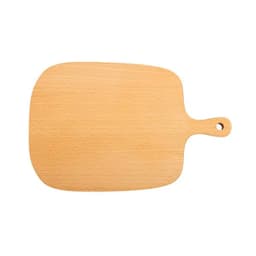 A wooden cutting board with a handle, featuring a light wood finish and a rectangular shape.