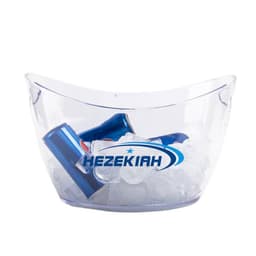 A clear ice bucket shaped like an ingot, filled with ice and blue cans inside. It features a logo.