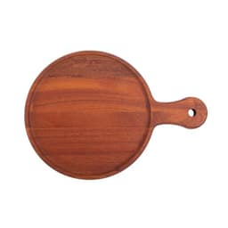 A round, engraved wooden pizza tray in a rich brown hue with a handle and a hole for hanging.
