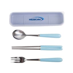 A stainless steel cutlery set with blue handles includes a spoon, fork, and chopsticks, housed in a travel case.