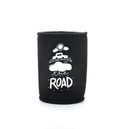 A drink bottle cooler in black neoprene featuring a graphic of a car and clouds, with a logo present.