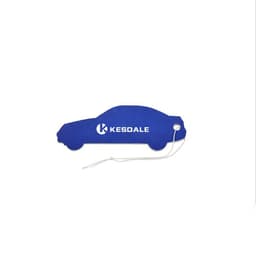 A blue car-shaped fresher with a white logo and a string for hanging.
