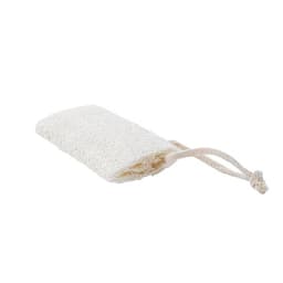A natural loofah sponge in a light cream colour with a hanging rope for convenience.
