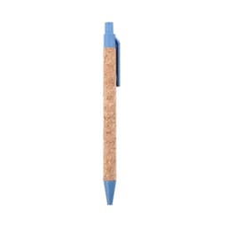 A cork pen with a blue plastic top and clip, featuring a natural cork body, suitable for eco-friendly use.