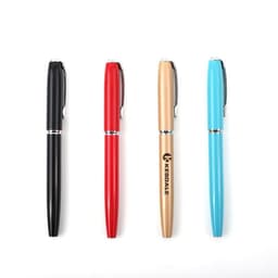 Heavy custom metal gel pens in black, red, gold, and blue, featuring a logo on one pen.