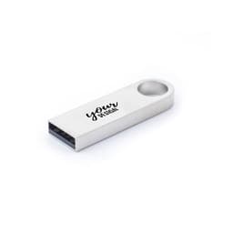 A silver 32GB laser mini metal USB stick with a rounded end and a logo displayed on its side.