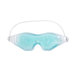 A cooling gel eye mask in transparent material with a light blue gel interior and an elastic strap.