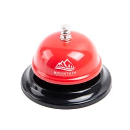 A red call bell on a black base, featuring a logo on the front. Suitable for novelty use.