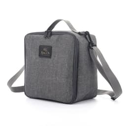 A grey insulated lunch bag with a shoulder strap and a logo patch on the front.