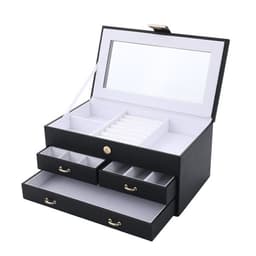 A black three-layer jewellery box with a mirror, multiple compartments, and two drawers for storage.
