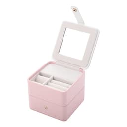 A pink mini jewelry box with a white interior and a mirror, featuring compartments for organisation.
