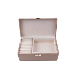 A jewellery box with a handle, featuring a soft beige exterior, multiple compartments, and a removable insert.