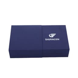 A navy blue custom bangle gift box with a logo on the front, featuring a smooth texture.