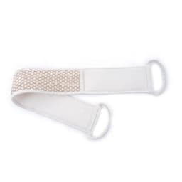 A jute sponge back bath scrubber in white with beige accents and two handles on either end.