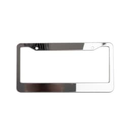 A stainless steel licence plate frame with a shiny finish and a hole for mounting. It features a simple, sleek design.