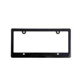 A black custom plastic license plate frame with openings for mounting. It features a simple, rectangular design.