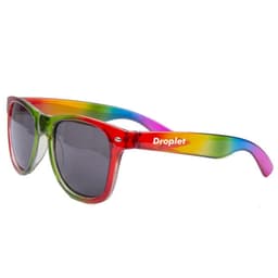 Rainbow Sun Ray Sunglasses feature a multicoloured frame with green, red, and purple accents and dark lenses.