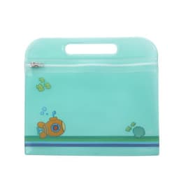 A clear turquoise zippered pouch with a die-cut handle and playful underwater designs.