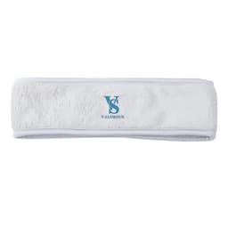 A white headband made of soft fabric featuring a light blue logo. Ideal for headwear use.