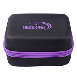 A black storage case with a purple zipper and logo, designed for essential oil bottles. 