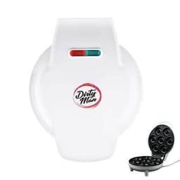 A white mini donut maker machine with a logo and a black tray for making multiple small donuts.
