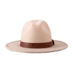 A classic felt fedora hat in a beige colour with a brown leather band and branding detail.