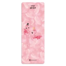 A pink yoga mat featuring flamingo illustrations, with one wearing a top hat and the other a crown. It has a logo.