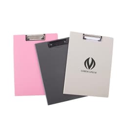 A collection of three foldable clipboards in pink, grey, and cream, featuring a logo on one clipboard.