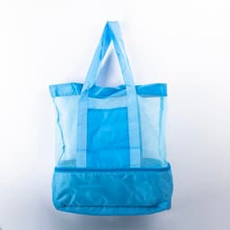 A large custom mesh beach bag featuring a light blue upper section and a darker blue base, with sturdy handles and a logo.