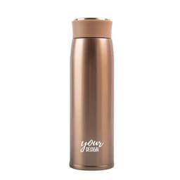 A drink bottle in a bronze finish, featuring a stainless steel body and a lid. It has a logo on the front.